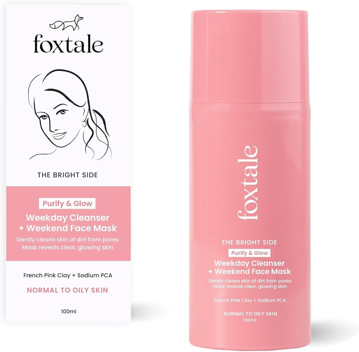 Fox.tale Purify & Glow Cleanser + Clay Mask - Deep Cleanses Pores, Exfoliating Glow Facial, Instantly Gives Bright Skin, For Normal, Oily and Combination Skin, Men & Women - 100ml