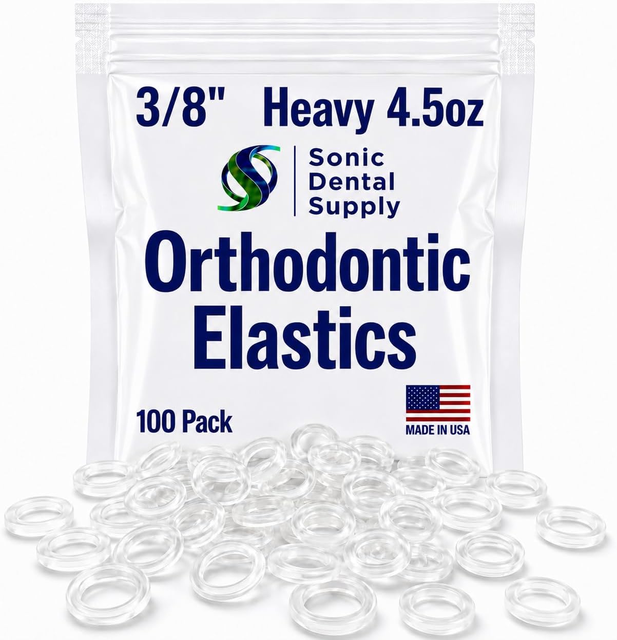3/8 Inch Orthodontic Elastic Rubber Bands - 100 Pack - Clear Latex Free, Heavy 4.5 Ounce Small Rubberbands, Braces, Dreadlocks Hair Braids , Tooth Gap, Packaging, Crafts - Sonic Dental Supply - Made