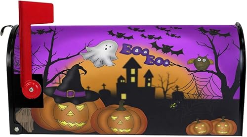 Miniatura 2 de Wamika - Fundas para buzones de calabaza, tamaño estándar, diseño de búho fantasma, murciélago, castillo, boo, color morado, 21 x 18 pulgadas