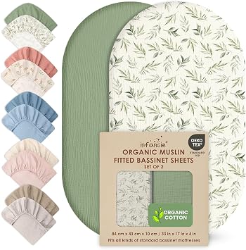 100% Organic Cotton Muslin Baby Bassinet Baby Sheet 33 X 17 Inch Soft Breathable Lightweight Stretchable Bed Sheet 2 Pack Gentle On Skin Durable Snug Fit Sheet for Newborn Bassinet Mattress
