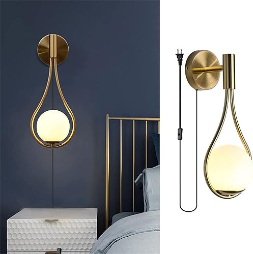 Miniatura 2 de Apliques de pared de cristal dorado con interruptor de encendidoapagado y enchufe, lámpara de pared con enchufe de ángulo ajustable, aplique de