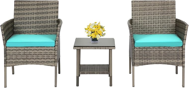 Ruesleag 3 Pieces Outdoor Wicker Patio Furniture Conversation Set Patio Set Bistro Table Set for Backyard Porch Poolside Garden Balcony Lawn,Glass Coffee Table &RattanChairs Set,Grey and Blue Cushions