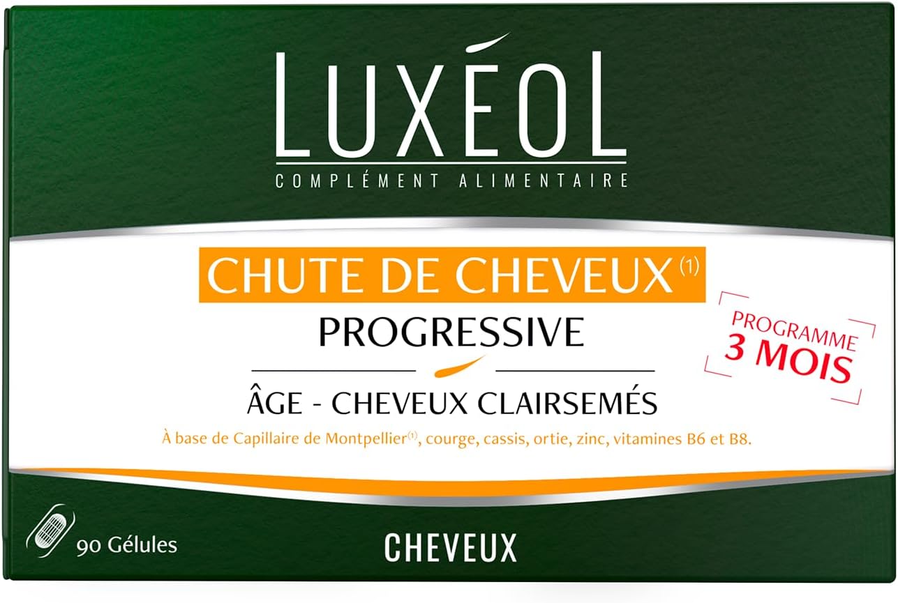 Luxéol – Chute Progressive de Cheveux – Complément Alimentaire – Au Capillaire de Montpellier, Plantes, Zinc & Vitamines B6 & B8 – Fabriqué en France – Programme 3 Mois – 90 Gélules