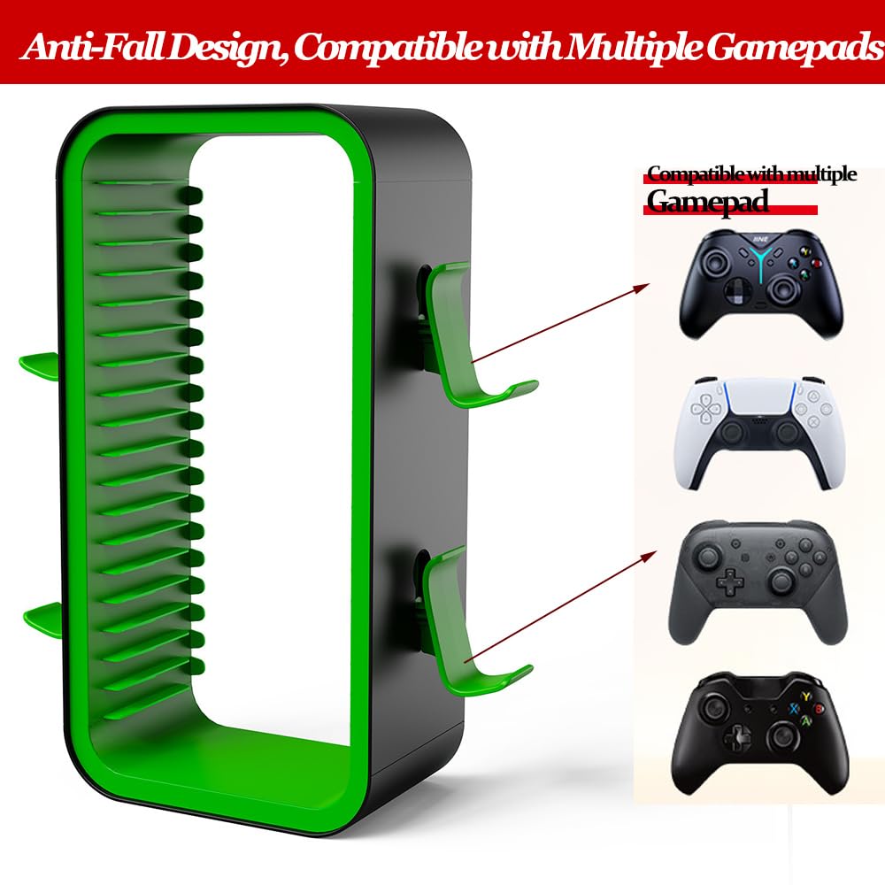 Torre de Almacenamiento de Juegos para PS5/ Xbox Series S & X/Switch, Organizadores Universales de Discos de Videojuegos, Almacena 18 Juegos, con 4 Soportes de Controlador (Grün)