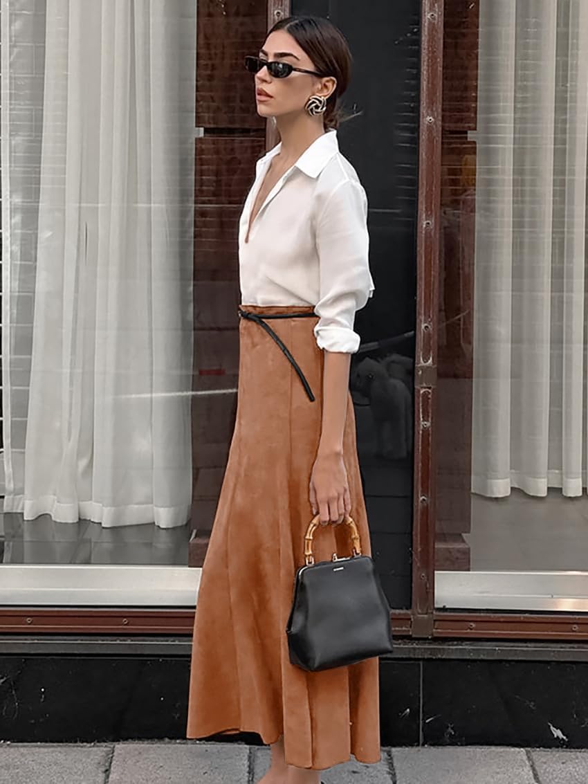 utcoco Womens Faux Suede Maxi Skirt Elegant High Waist A Line Midi Skirt for All Seasons - Image 3