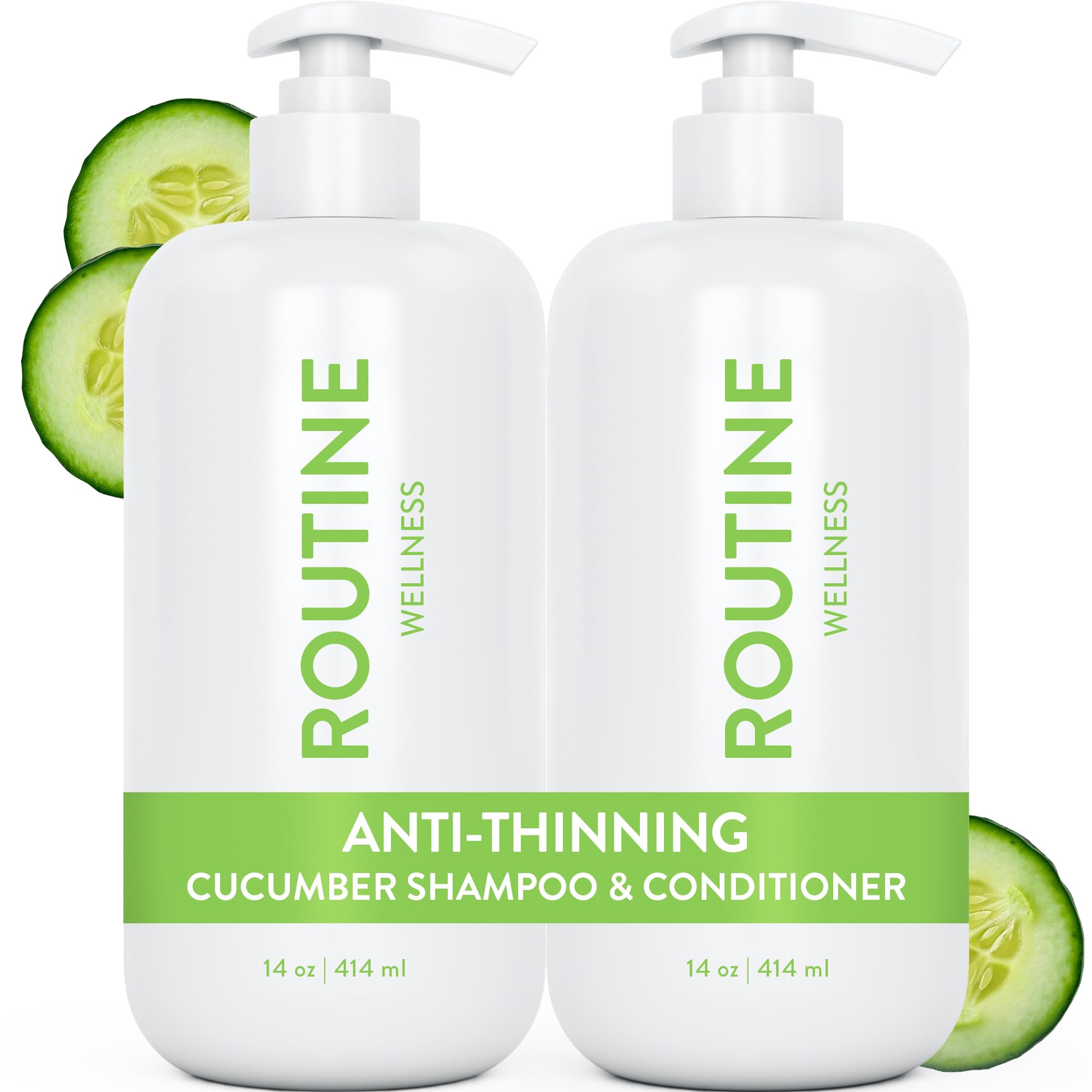 Routine Wellness Anti-Thinning Shampoo and Conditioner Set for Thinning Hair - Biotin DHT Blocker Women & Men - Color Safe Shampoo for Hair Loss & Healthier Hair - Cucumber (Pack of 2)
