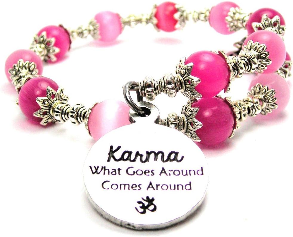 Karma What Goes Around Comes Around with Om Cat's Eye Wrap Charm Bracelet in Hot Pink and Rose Pink Glass