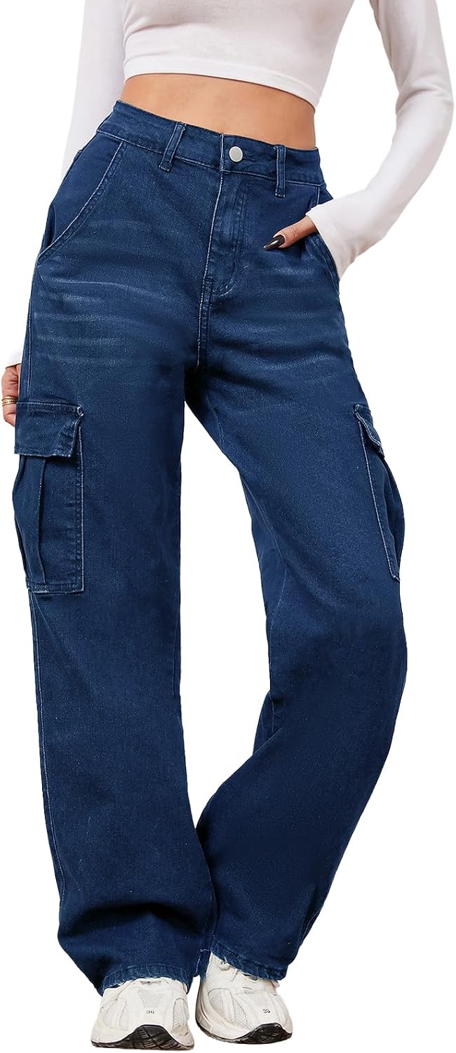 LONGYIDA High Waisted Wide Leg Baggy Cargo Jeans for Women