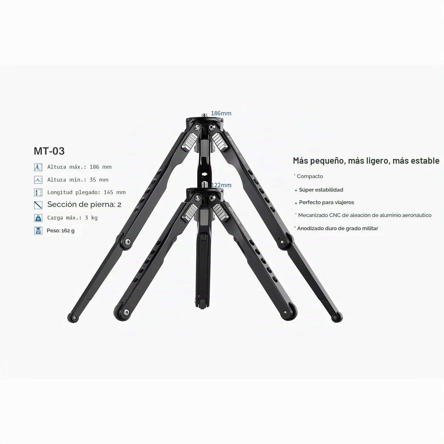 Leofoto - Mini trípode de Bolsillo - Ideal para un fotógrafo de Viajes - Capacidad de Carga de 3 kg - Pies Extensibles - Altura mínima de 3,5 cm a una Altura máxima de 18,5 cm - MT-03