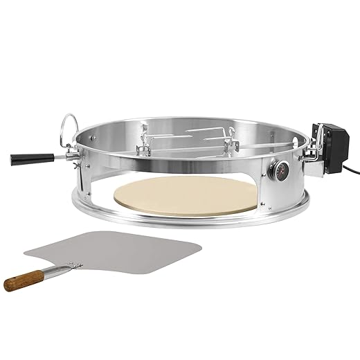 BBQ-Toro Edelstahl Pizzaring Set mit Grillspieß | Pizzaeinsatz und Drehspieß für Ø 57 cm Kugelgrill | Rotisserie mit Motor UND Pizza Element inkl. Schaufel, Pizzastein und Thermometer