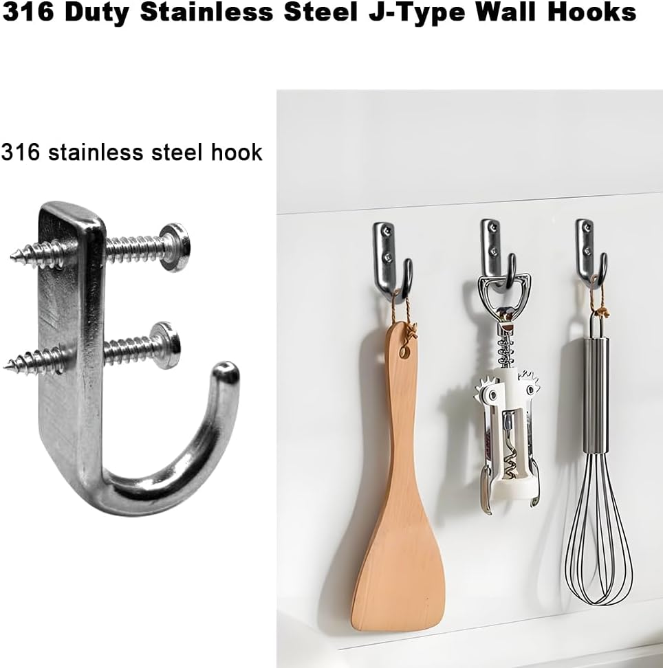 Heavy 316 Duty Stainless Steel J-Type Wall Hooks, Marine Grade Wall Hanger Key Hook for Wall Mounted Clothing Coat Outdoor Kitchen Garage Utility Hanging Wardrobe Storage Screw Utility,6PCS