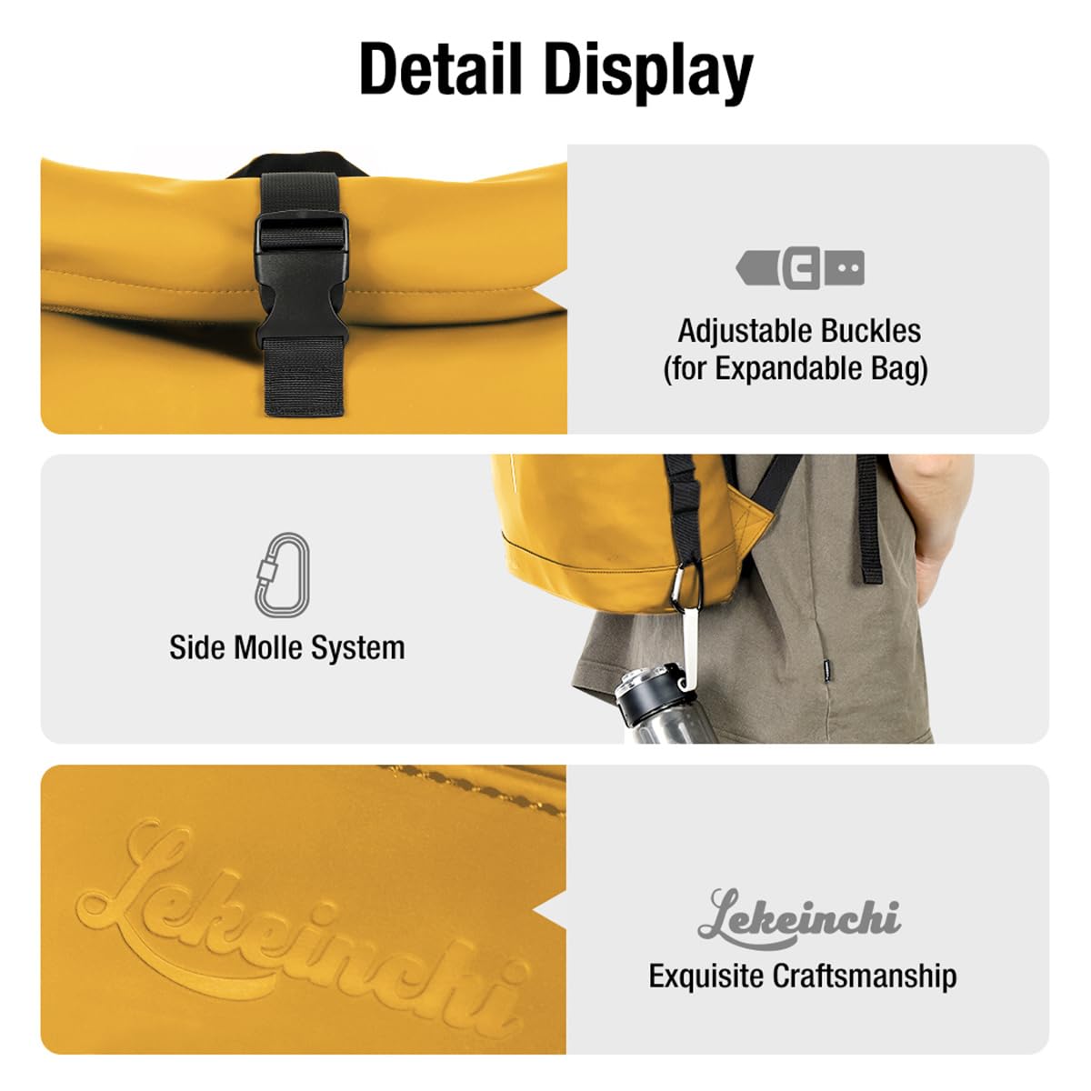 Lekeinchi Zaino Rolltop Uomo Donna Porta PC 17 Pollici | Zaino Impermeabile Uomo Donna - Rains Zaino con Strisce Riflettenti - Zaino da Viaggio Espandibile - Casual Lavoro Università - Giallo