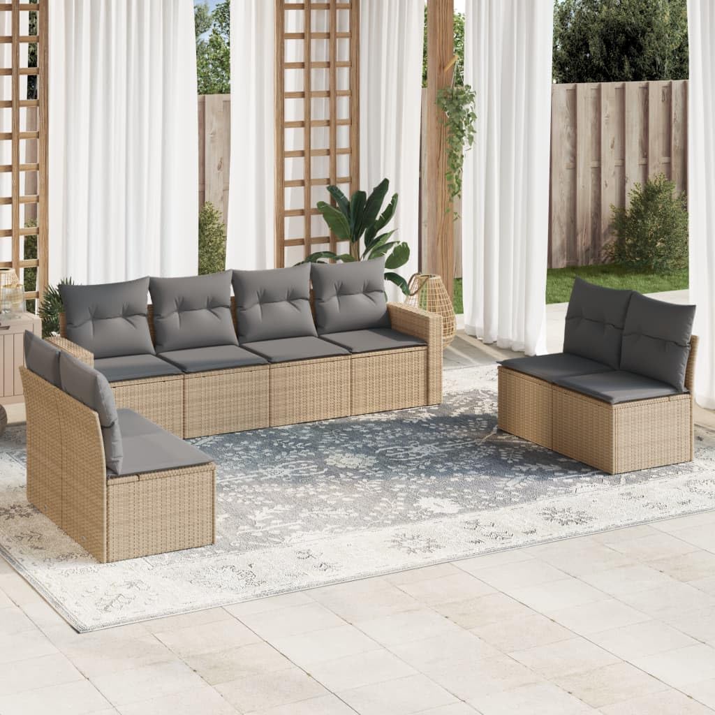 Set Divano da Giardino 8 pz in Rattan PE con Cuscini Beige | Salotto modulare 8 elementi per giardino e terrazza con vano portaoggetti integrato e cuscini imbottiti sfoderabili.