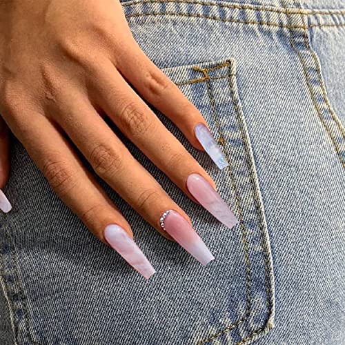 Yosomk Luxurious Long Press On Nails With Glue Gems Pink Coffin Glossy Fake/False Nails With Designs For Women Girls Stick On Acrylic Nail Tips #TOP5