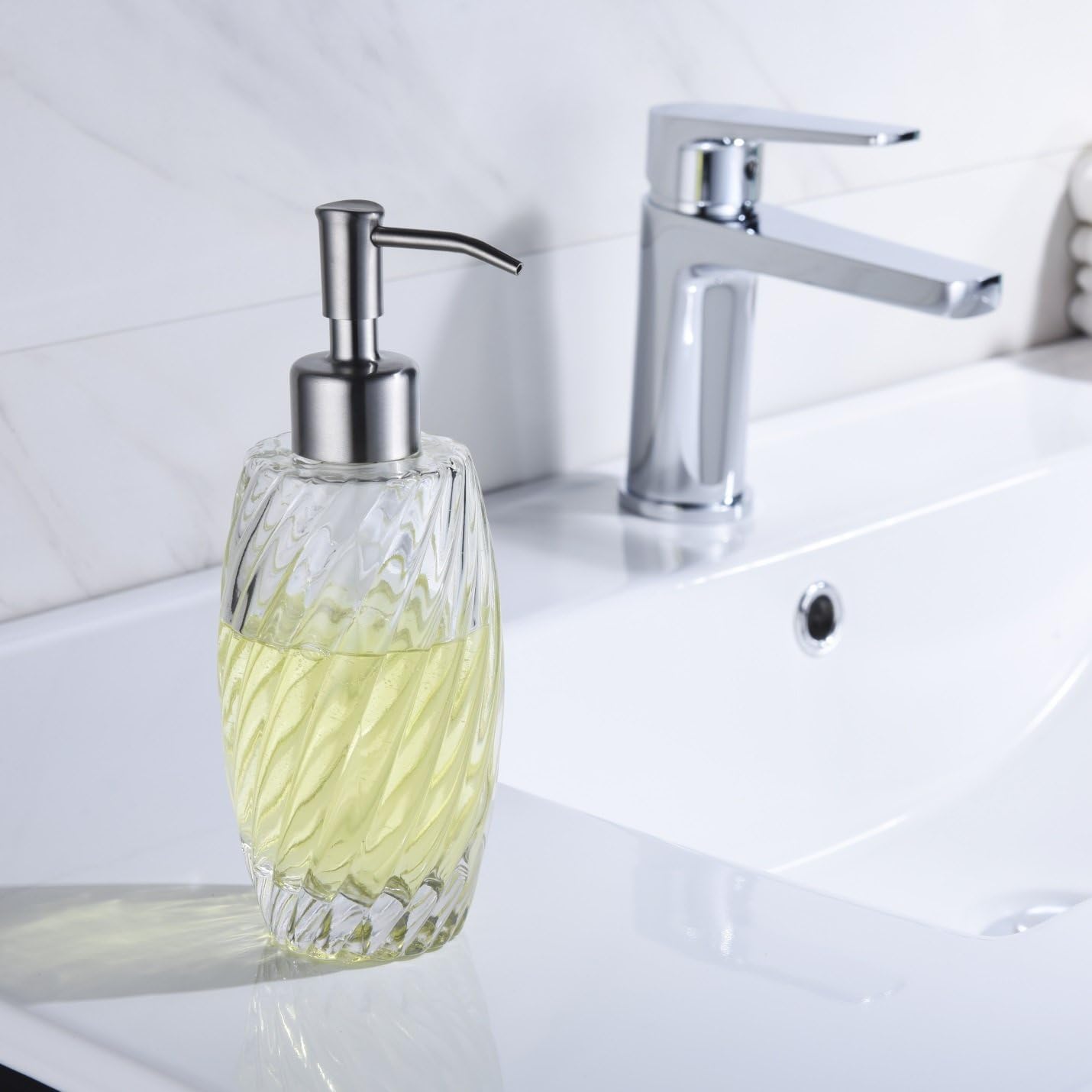 Countertop Glass Soap Dispenser Brushed Nickel Delle Rosa Clear Glass Bottle Dispenser for Kitchen, Bathroom Essential Oils, Lotions, Liquid Soaps image 2