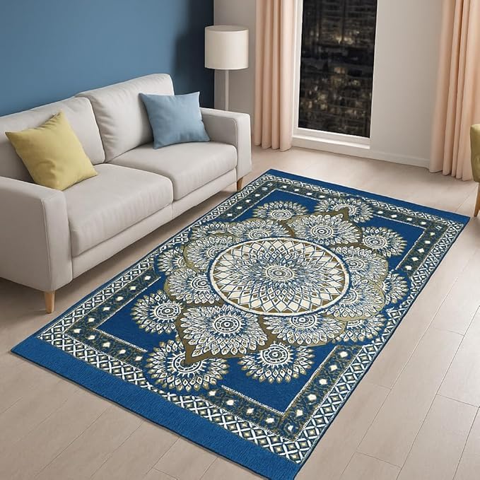 Image of Premium Cotton Carpet for Living Room 5 X 7 FEET | Carpet for Hall /Area Rugs /ChenilleCarpet /CottonCarpet /Carpet for Living Room /Kalin & Dari | Reactangular (Aqua)