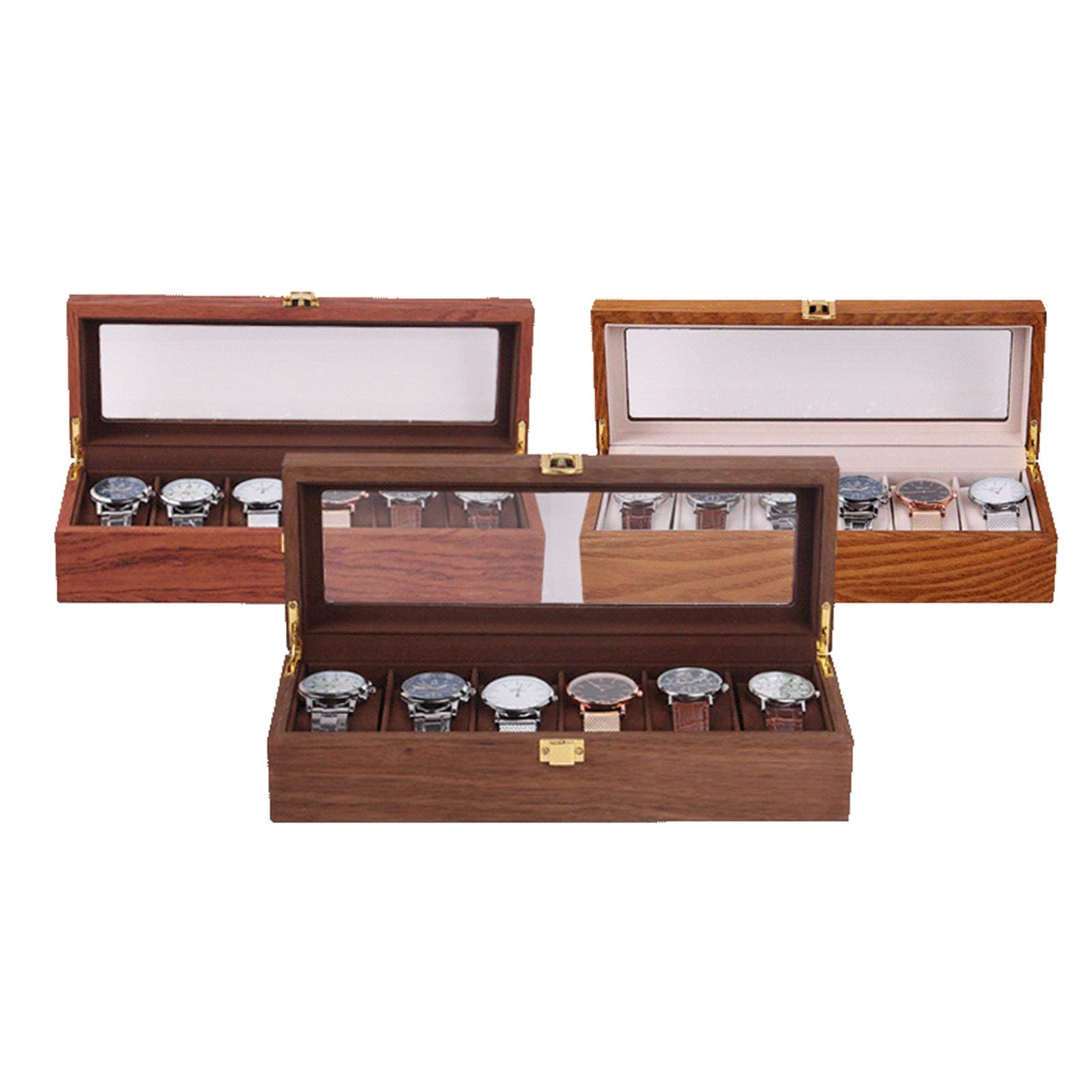 Pudełko na zegarki męskie, pudełko do przechowywania w stylu vintage, lite drewno, 6 przegródek, organizer na biżuterię, bransoletkę, wyświetlacz, szkło, zamykana, kuferek do przechowywania, dla mężczyzn i kobiet, organizer