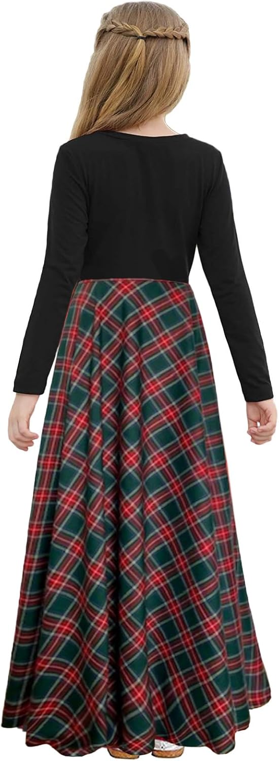 KYMIDY Girls Maxi Dress Kids Buffalo Check Plaid Long Sleeve Casual Dresses with Pockets for Girls 6-14 Years - Image 3