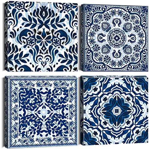 Sungeek 4 Piezas Impresiones Sobre Lienzo de Arte de Pared de Lona 30x30cm Pintura de Arte de Marco Moderno para Dormitorio Sala de Estar Cocina (Porcelana Azul y Blanca) Cover