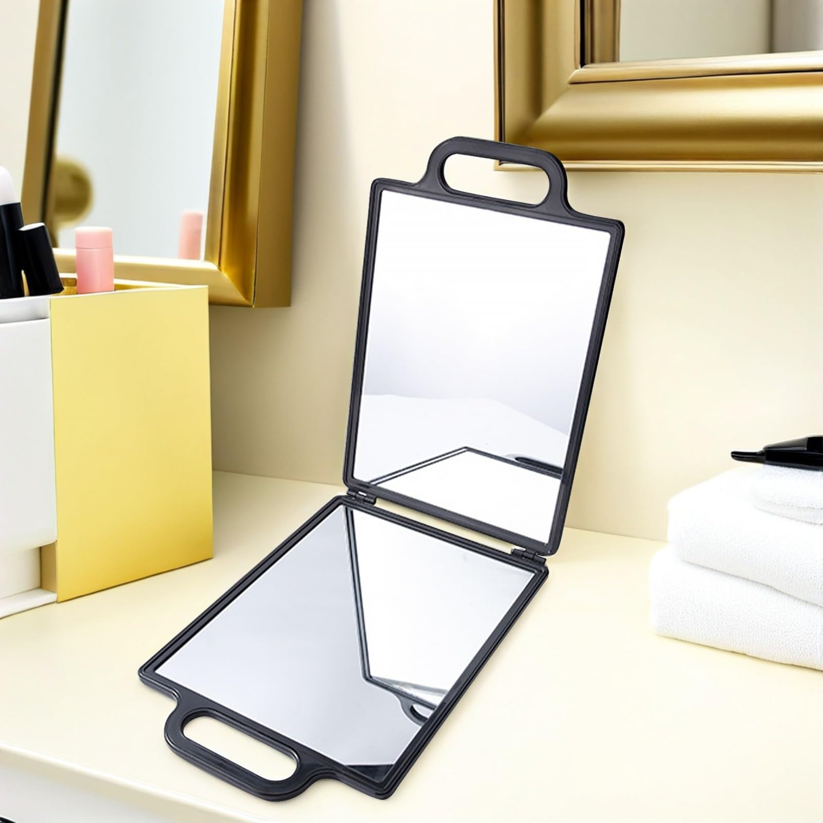 Amosfun Miroir de Coiffure Double Face Pliable Noir Plateau Intégré, Miroir de Barbier Portable Incassable pour Salon de Coiffure, Outil Professionnel pour Coupe de Cheveux et Coiffage