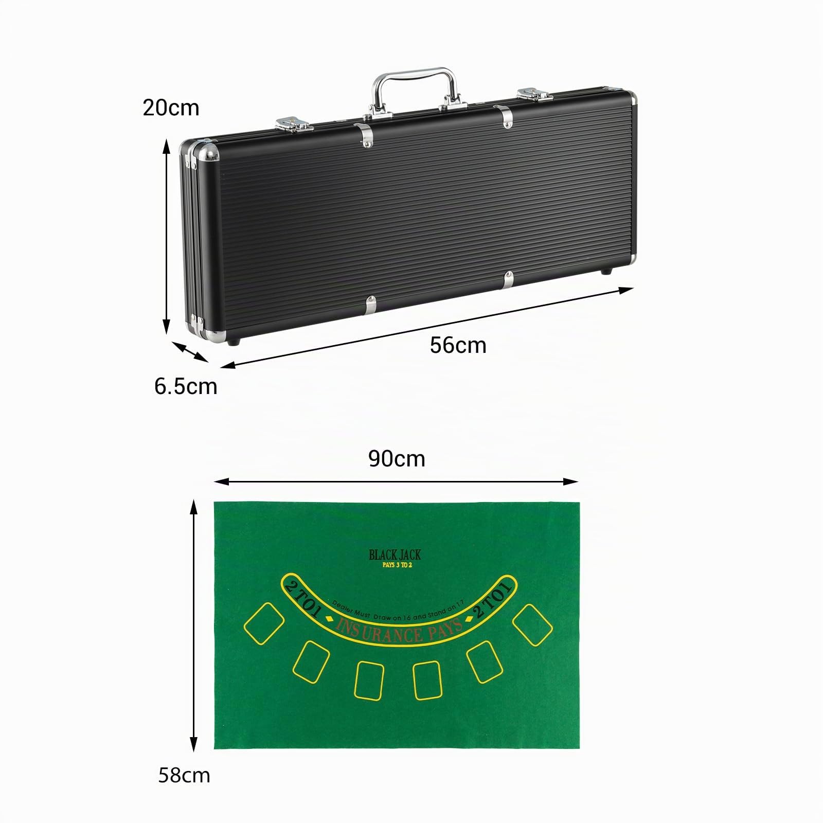 HOMASIS Pokerset mit 500 Chips, Poker Koffer mit 2 Kartendecks, 5 Würfel, Kasino-Matte, 3 Dealer Button, abschließbar Pokerkoffer Profi aus Alu, Komplettes Poker Set Pokerkarten für Partys (Schwarz)
