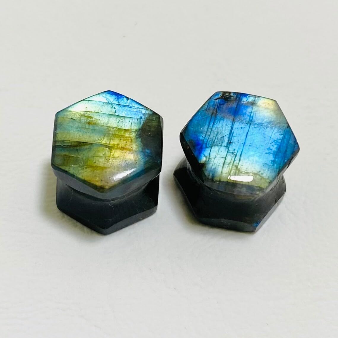 Natural Labradorite Gemstone Double Flared Hexagon Ear Plugs – Handmade Stone Gauges for Stretched Ears – Body Piercing Jewelry
