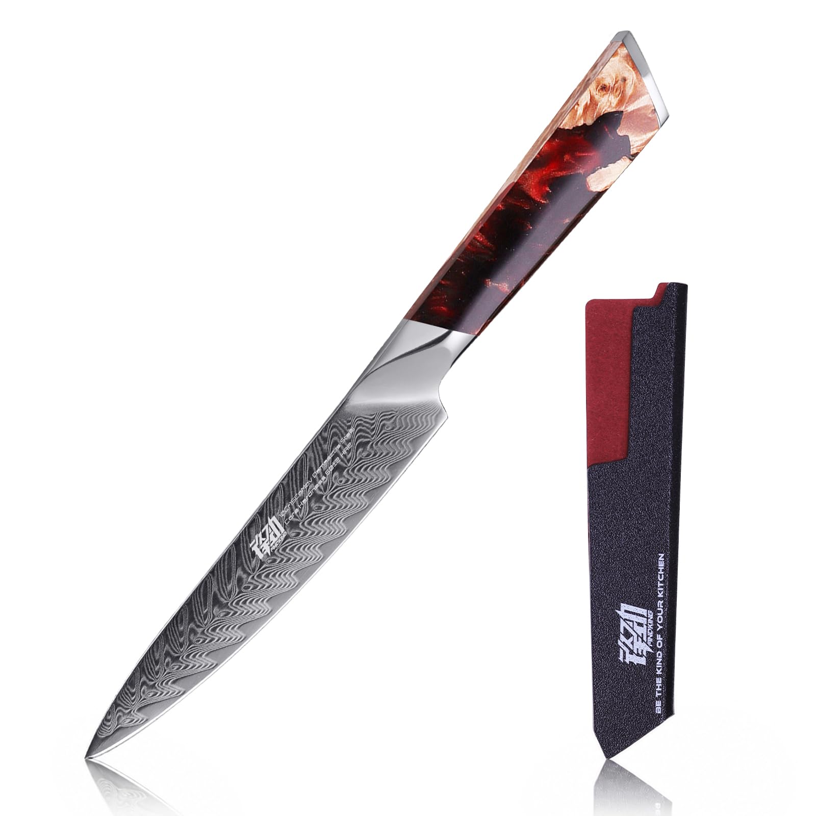 FINDKING Nebula Series Chef Knife with ABS Sheath, Multipurpose Japanese Gyuto Knife, 10Cr15CoMov Damascus Steel Blade, Resin and Figured Sycamore wood Handle, Full Tang, 8 Inch, Blue, for Meat — Amazon image 10