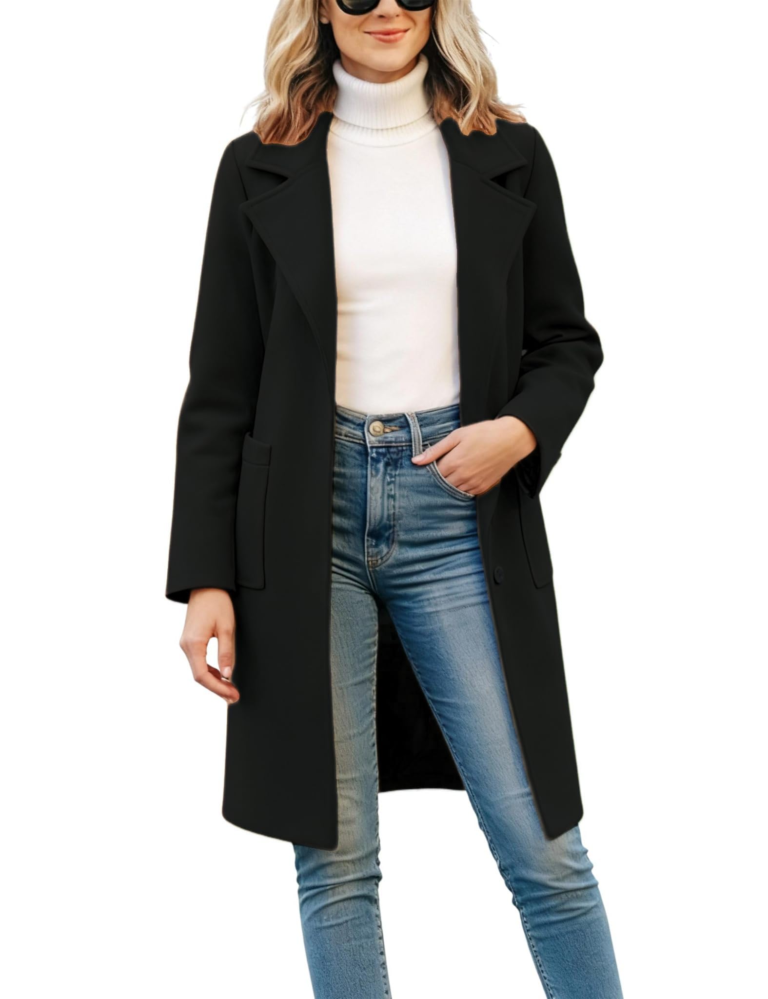 Women's Winter Wool Blend Coat Notch Lapel Mid Long Single Breasted Pea Coat Jacket Outwear
