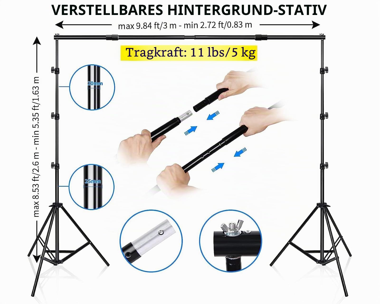 2.6 x 3 M Foto Hintergrund Ständer mit 3 Hintergrundtüchern | Verstellbarer Hintergrundsystem mit 4 Klammer, 2 Sandsack & Tragetasche für Innenfotografie und Videoaufnahme