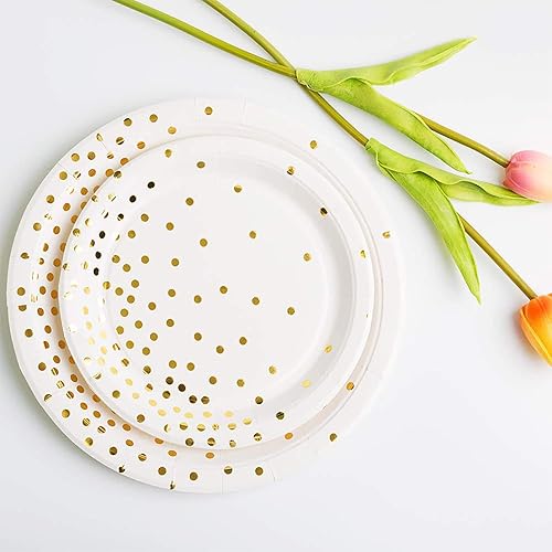 Miniatura 5 de Guang Mao Suministros de fiesta blancos y dorados 150 piezas sirven 25 platos de papel de punto dorado, servilletas, tenedores de plástico dorado,