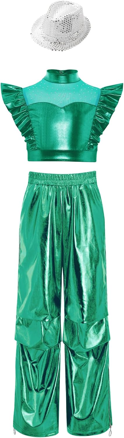 dPois Kids Girls Jazz Dance Outfit Metallic Ruffle Crop Top Tear Away Side Zipper Shiny Cargo Pants Green 8 Years