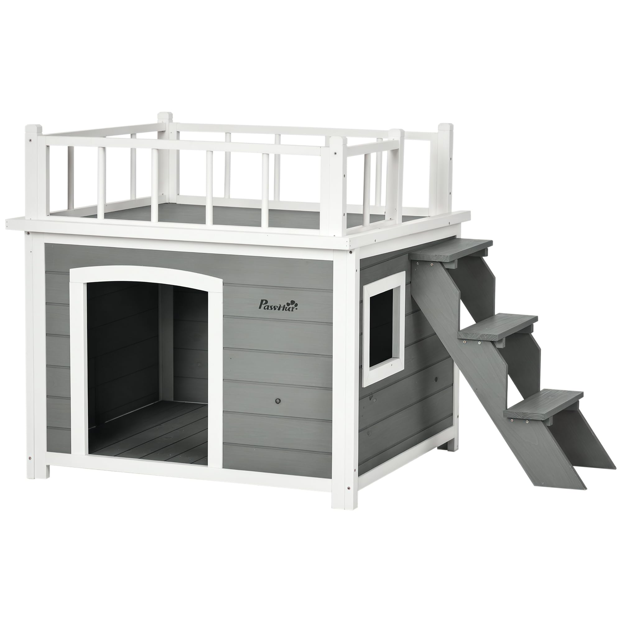 PawHut caseta para Perros con balcón, caseta elevada para Animales pequeños con Escalera, Ventana, Cueva para Perros medianos y Grandes, Madera de Abeto, Gris Claro, 121 x 77 x 78 cm
