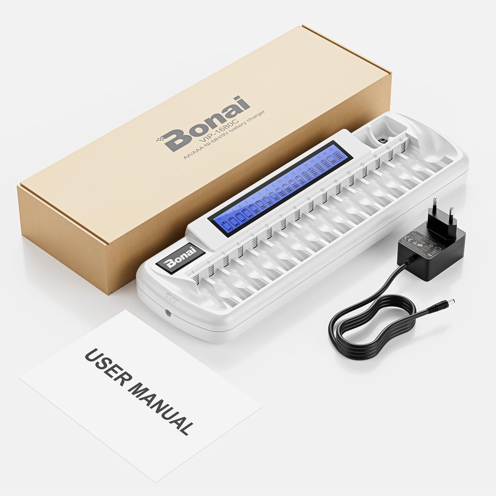 BONAI Intelligentes Ladegerät für AA AAA NiMH und 9V Block Akkus, 18 Einzel-Ladeschächte für Akkubatterien von Kameras und Spielzeugen, LCD Display Batterieladegerät