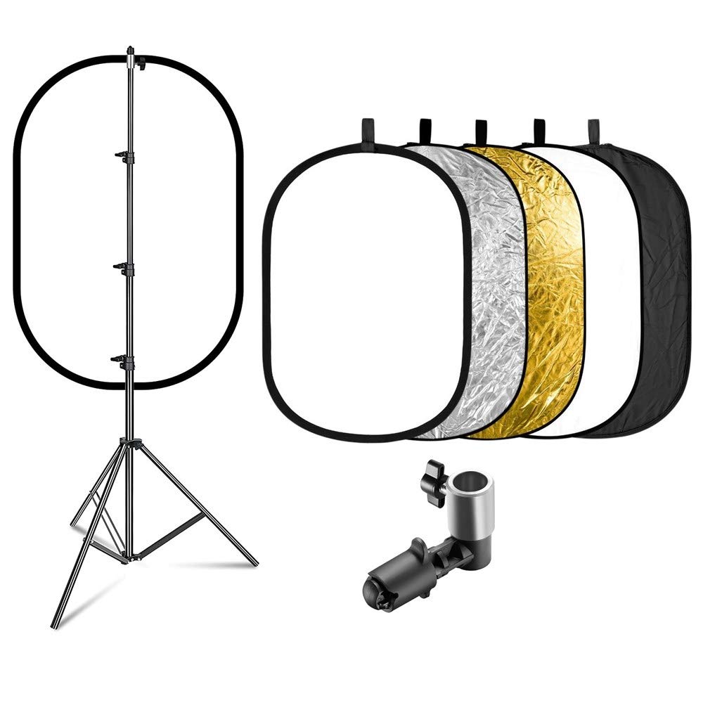 eWINNER 5-in-1 Oval Light Reflector Clamp Set with Portable with Bag and 2m Stand for Photography Photo Lighting (110 x 150cm)