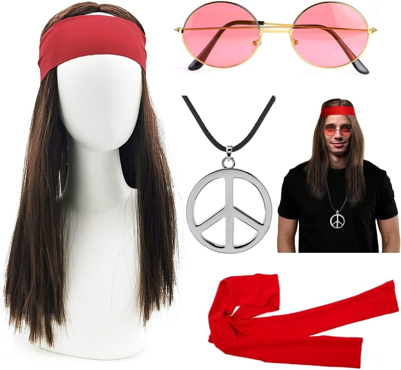 iZoeL Hippie Costumes Halloween Costumes for Men - 4pcs Hippie Wig Sunglasses Peace Necklace Headband -70s Disco Style 60s Outfit 80s Fancy Dress 80s Night Accessories - Retro Men Women, XL