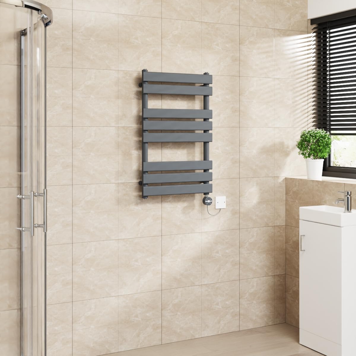 Warmehaus Sand Grey Flat Panel Electric Heated Towel Rail Touch Screen Timer Bathroom Radiator Prefilled 800X500mm 400W