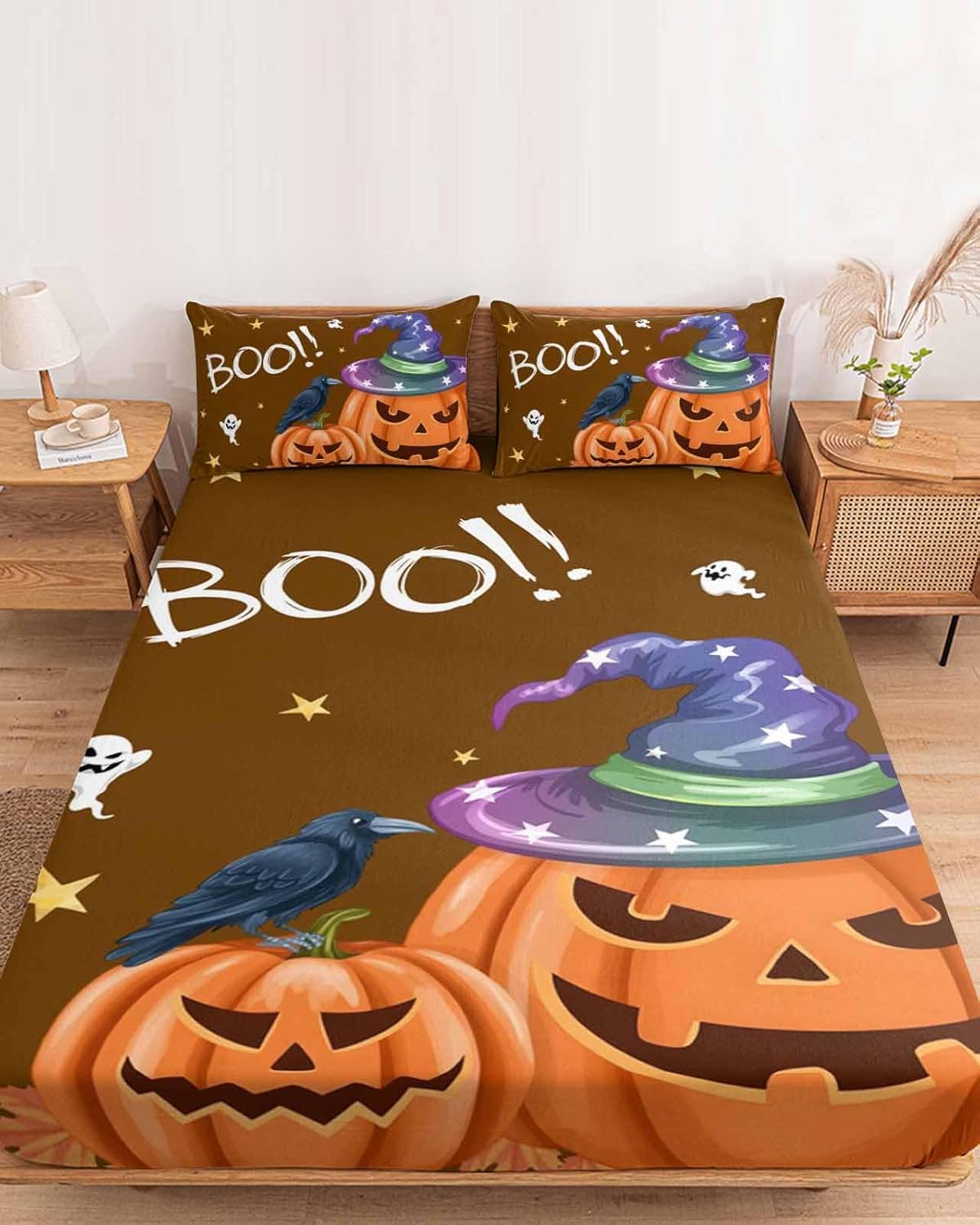 Halloween Pumpkin Purple Hat Spooky Ghost Fitted Bed Sheets Twin XL Size Fit 5-16inch Deep Pockets,Luxury Bottom Sheet Bedding Set with Pillow Case,Boo Fitted Sheet for Mattress