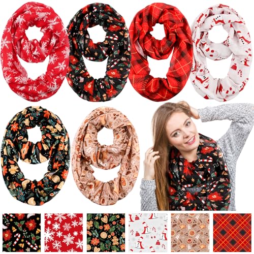 Liitrsh 6 Pcs Christmas Scarf for Women Holiday Festival Infinity Scarf Red Snowflake Plaid Lightweight Loop Sheer Scarves Winter Snowman for Women Girls Accessories Xmas Gift
