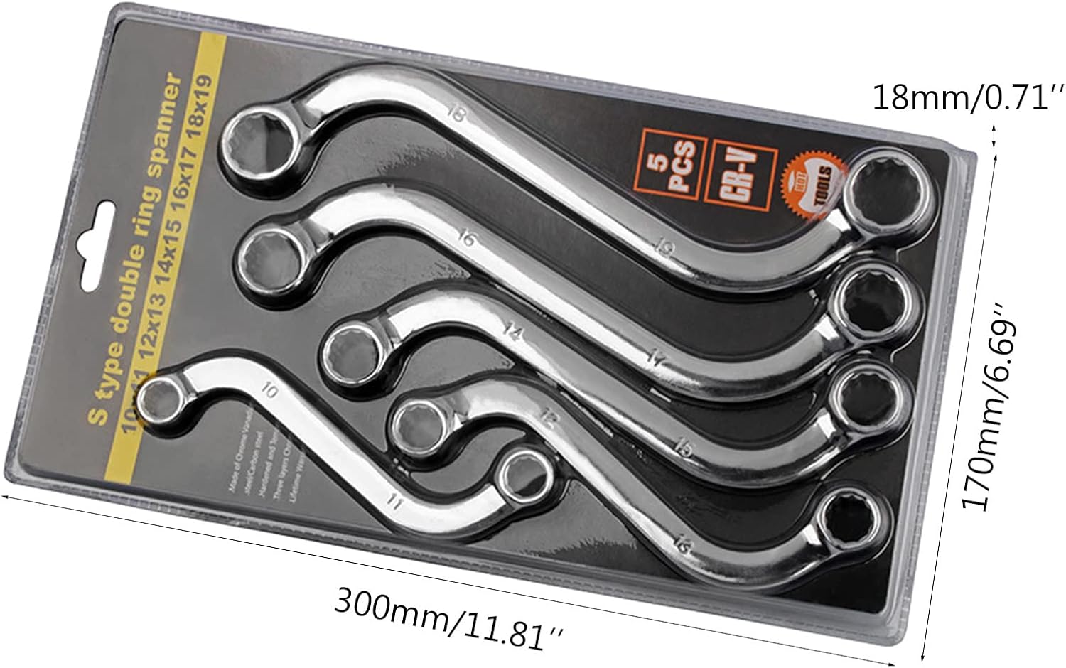 5 Pieces Practical S-Style Wrench Set Double-Headed 12-Point Box Ends -Shaped Wrench 10mm to 19mm -Shaped Spanner