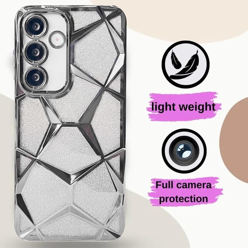 Image of VONZEE Gradient Glitter Case for Samsung S25 Plus, Luxury Electroplated 3D Cube, Diamond Bling Shiny Soft TPU Clear Shockproof Women Girls Protective Phone Cover (Silver)