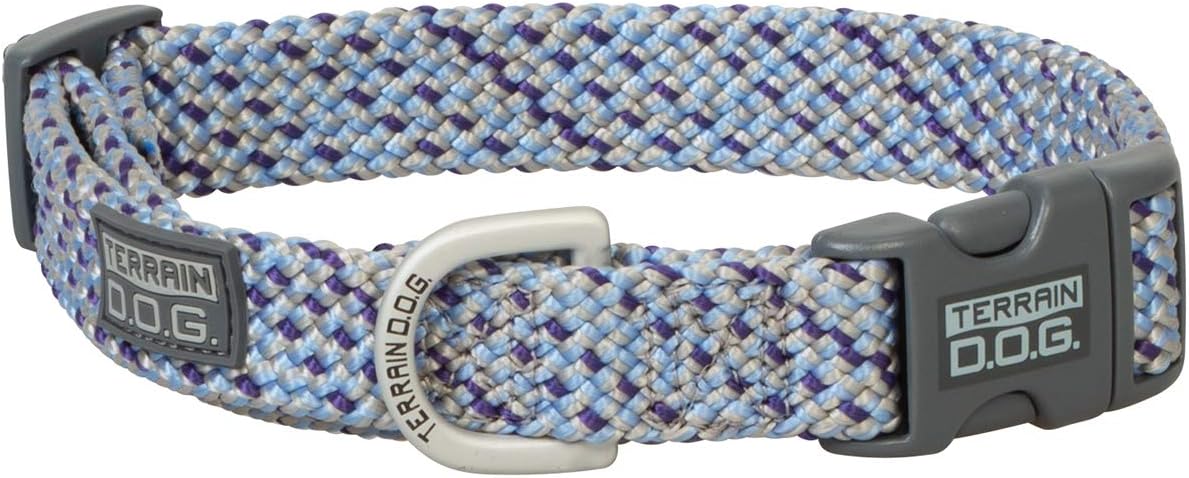 Terrain D.O.G. Dog Collar, Nylon, Sky Blue/Silver/Purple, Extra Small to Extra Large, No-Core Flat Braid Construction, Climbing Grade Rope Material