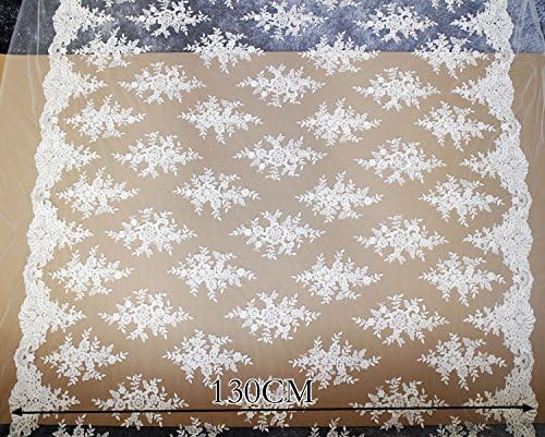 51 inches Off White Floral Embroidery Mesh Lace Fabric with Sequins Dotted, White Beaded Bridal Tulle Lace Fabric Scalloped Edging Wedding Dress Veil Veiling by The Yard