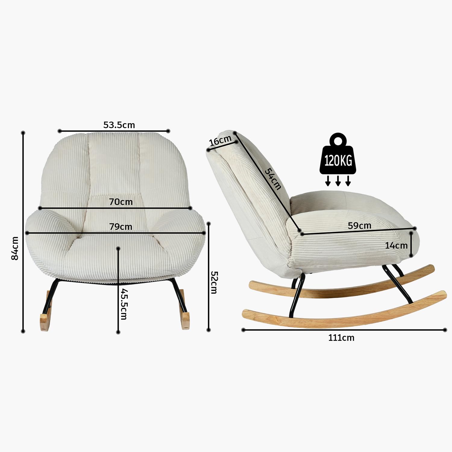 MEUBLE COSY Sedia a Dondolo Imbottita Poltrona Relax con Schienale Seduta Extra Larga in Velluto a Coste, Gambe in Legno, per Soggiorno Cameretta, Beige