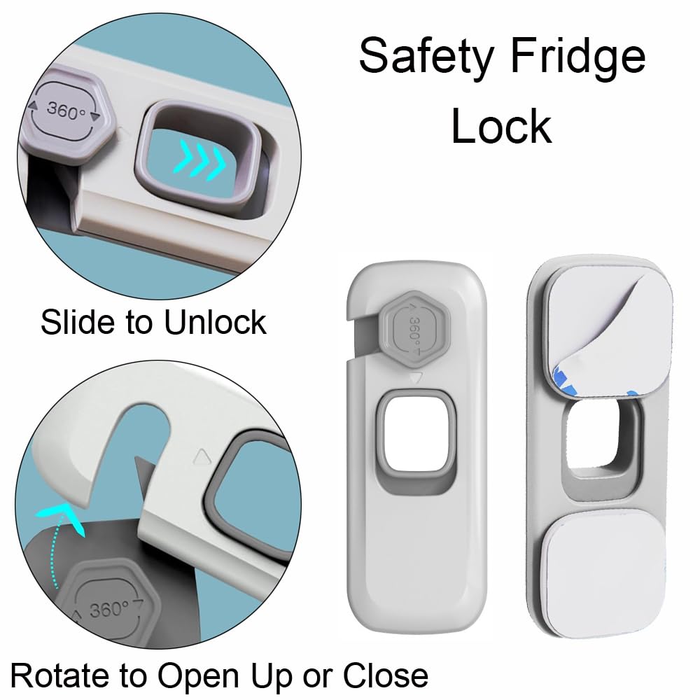 5 Pack Child Safety Locks, Strong Adhesive No Drill Fridge Lock for Baby Proofing Kitchen Cupboard Drawer Light, Grey