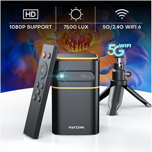 FATORK Mini proyector, proyector de corto alcance WiFi 5G, proyector portátil DLP 1080P con batería recargable, compatible con iOSAndroidcomputadora