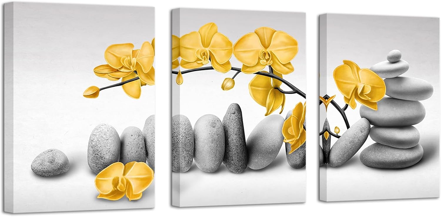 Artmyharbor Zen Orchid Wall Art Yellow Flower Pictures Bathroom Gray Stone Picture for SPA Meditation Room 12x16