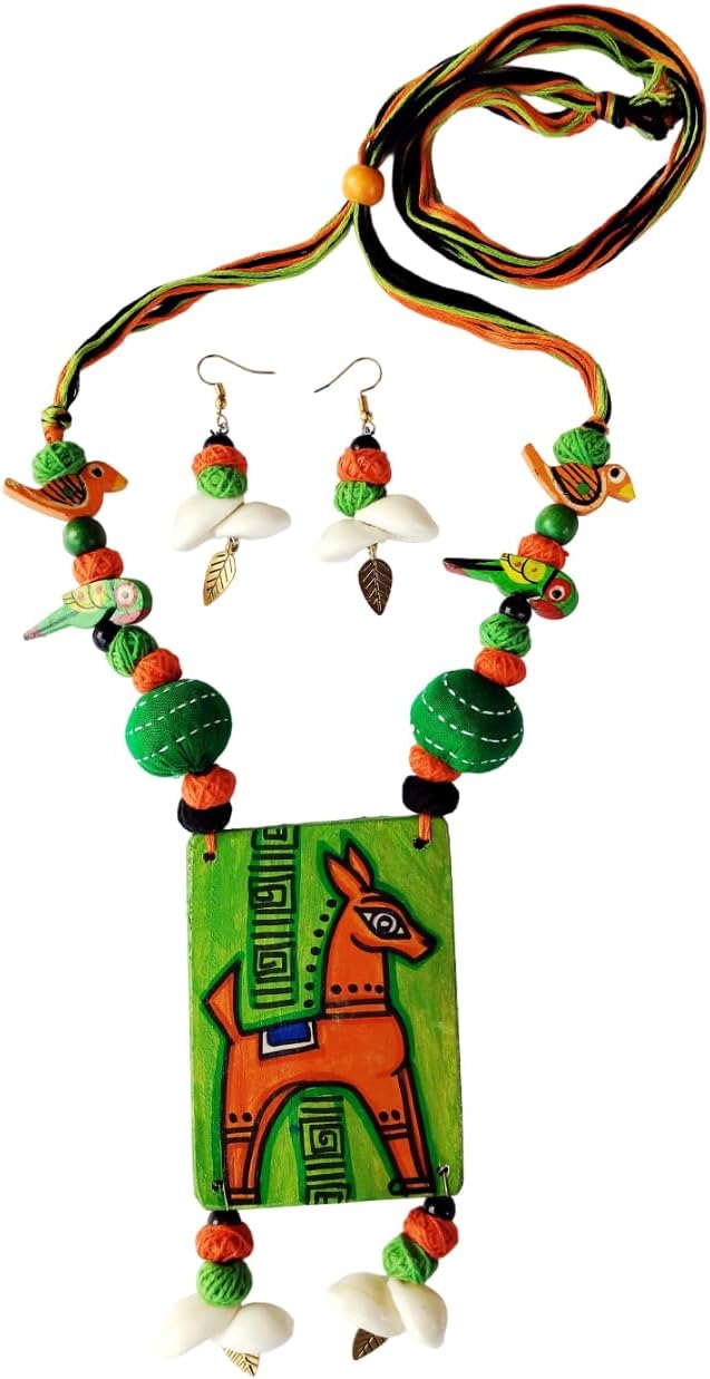 ADRIZA'SHandmade Hand painted Indian Folk Art Horse Pendant Wooden Necklace and Earring Jewellery Set for Women