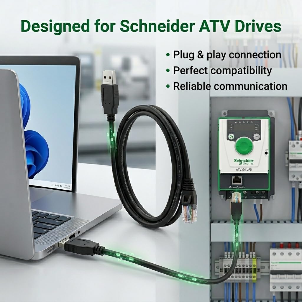 USB to RJ45 RS485 Communication Cable, 1.8m for Schneider ATV Series Drives, PC Programming & Configuration