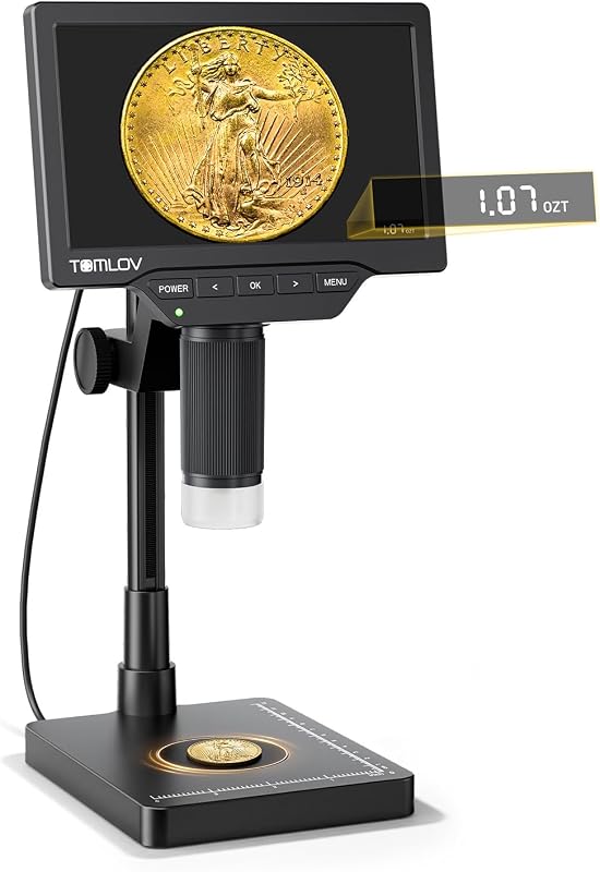 TOMLOV Microscopio de monedas con báscula de pesaje, lupa digital de 7" DM4W Max | Alcance de monedas de vista completa 2K, precisión de 0,1 g, luces LED, báscula de peso para coleccionistas de monedas, joyero, estudiantes, compatible con Win/Mac