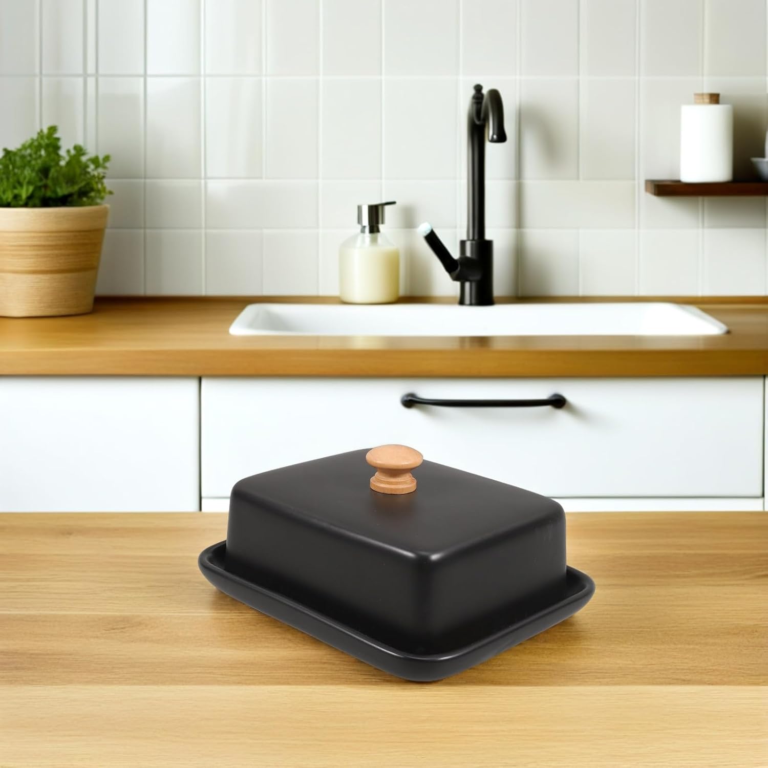 Zerodeko Ceramic Butter Dish with Lid Black Butter Storage Container and Cheese Dish for Farmhouse Kitchen Countertop with Handle for Dining Table Use